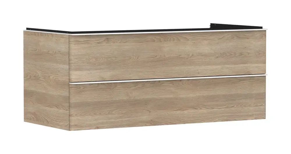Waschtischunterschrank von Hansgrohe mit Holzoptik, ausgestattet mit zwei Schubkästen und einer geraden Oberflächenkante, geeignet für Aufsatzwaschtische.